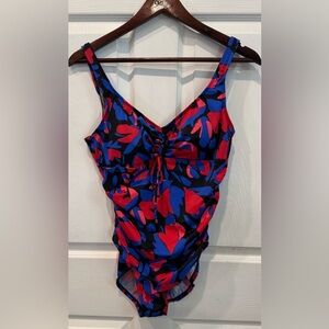 Aqua Green Brand UPF 50 Cinch Front One Piece Swimsuit Multi Floral Print Size L